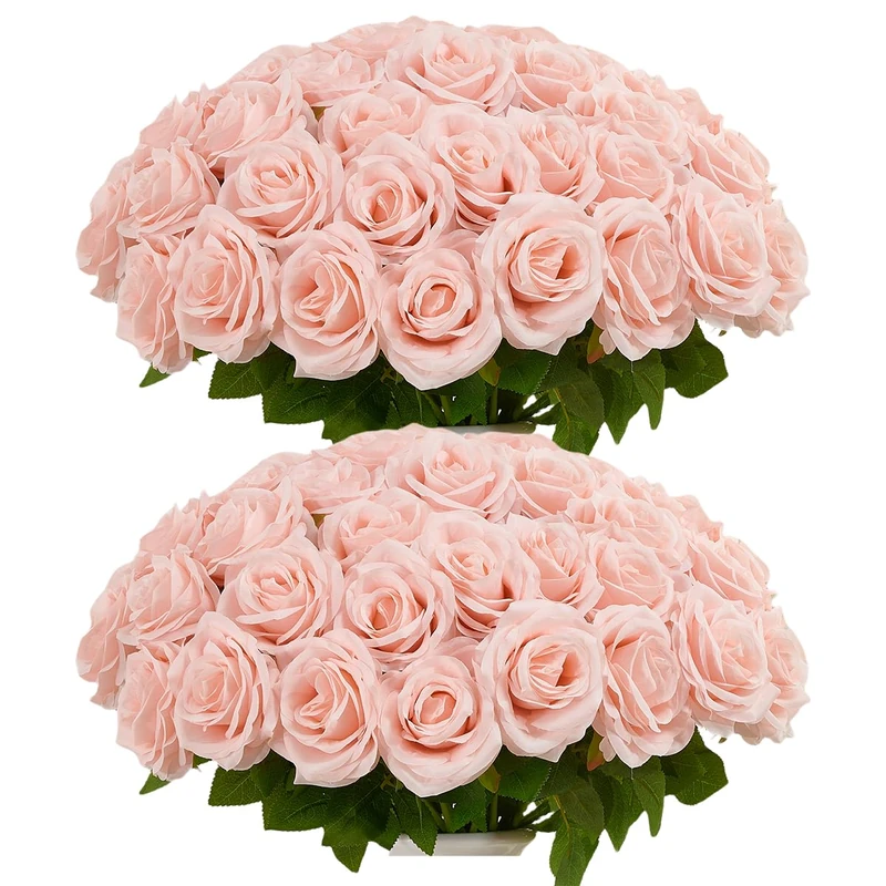 IUKnot 50pcs Blush Roses Artificial Flowers Bulk,Fake Roses Silk Flower with Stems Realistic Flowers for Wedding Centerpiece Home Party Decor