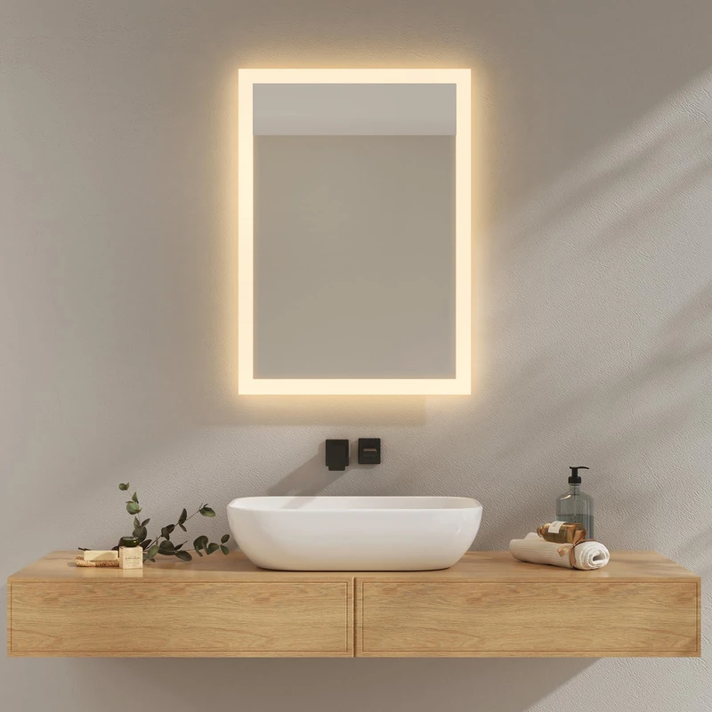 EMKE Bathroom Mirror with Lighting 70 x 50 cm, Bathroom Mirror 3000 K Warm White, Wall Switch, Vertical/Horizontal Installation, Anti-Explosion Mirror IP44, Energy Saving - Image 1