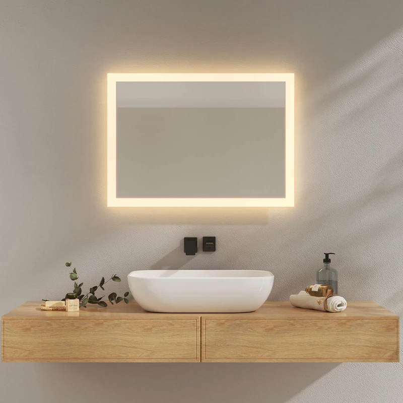 EMKE Bathroom Mirror with Lighting 50x70cm, 3000K/6500K, Fog Mirror with Rocker Switch, IP44, Economical Wall Mirror