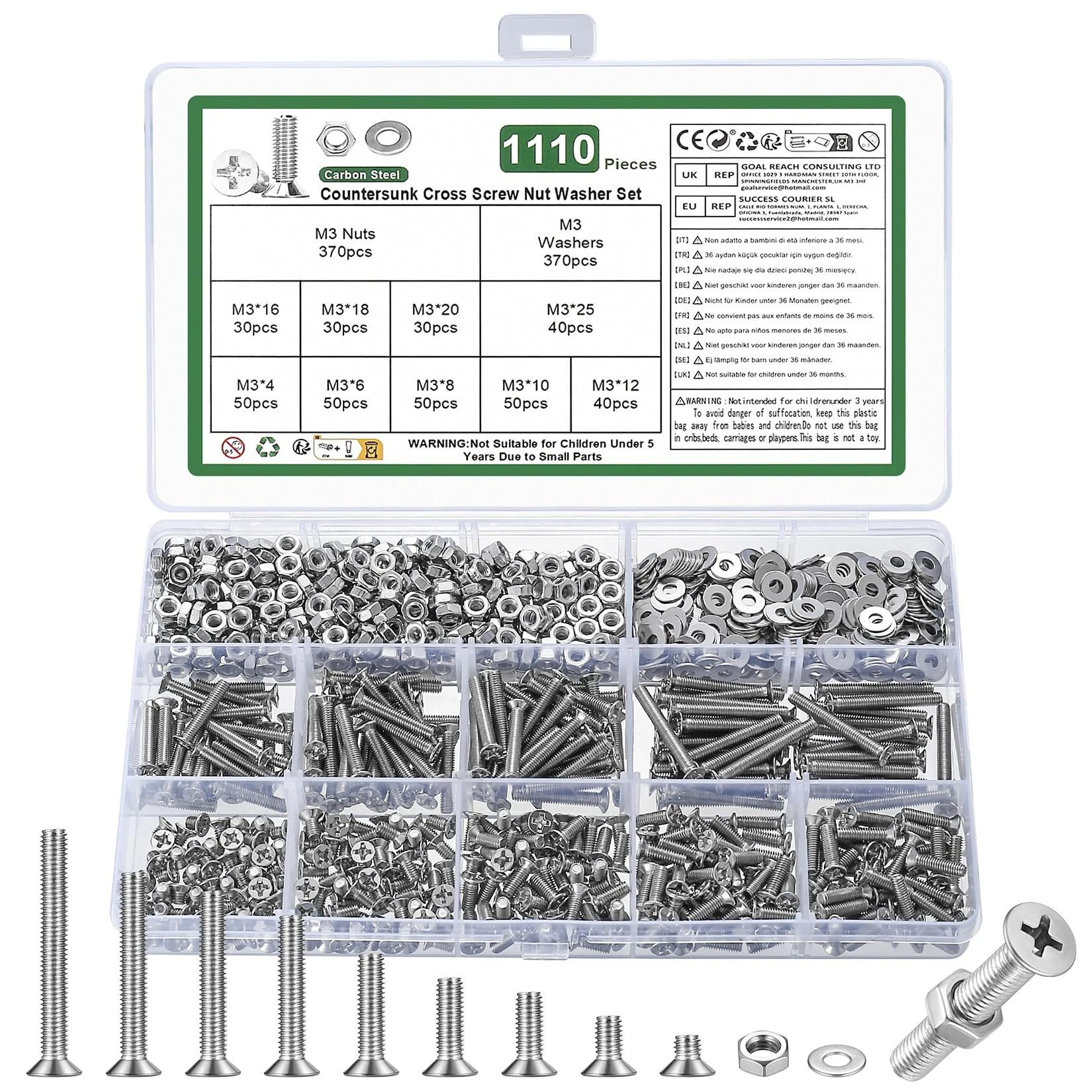 1110 Pcs M3 Screws Set, Countersunk Bolts and Nuts, Flat Head Machine Screw Nut and Bolt with Washers, Cross Head screws bolts and nuts Assortment Kit(M3, Silver)