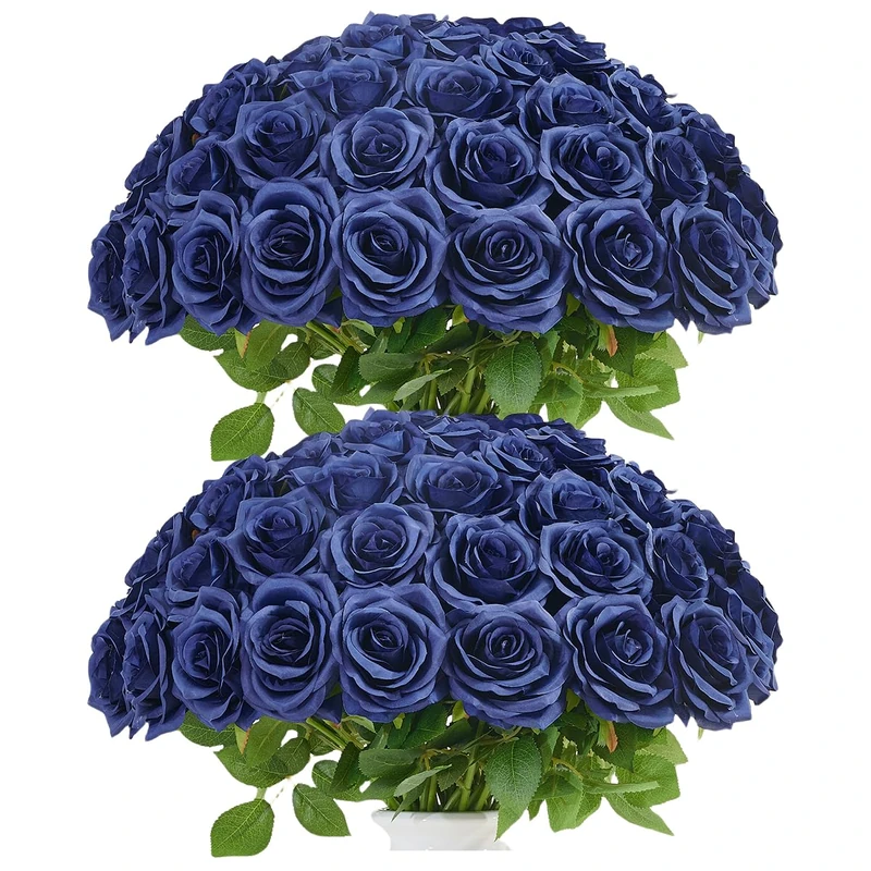 IUKnot 50pcs Navy Blue Roses Artificial Flowers Bulk,Fake Roses Silk Flower with Stems Realistic Flowers for Wedding Centerpiece Home Party Decor