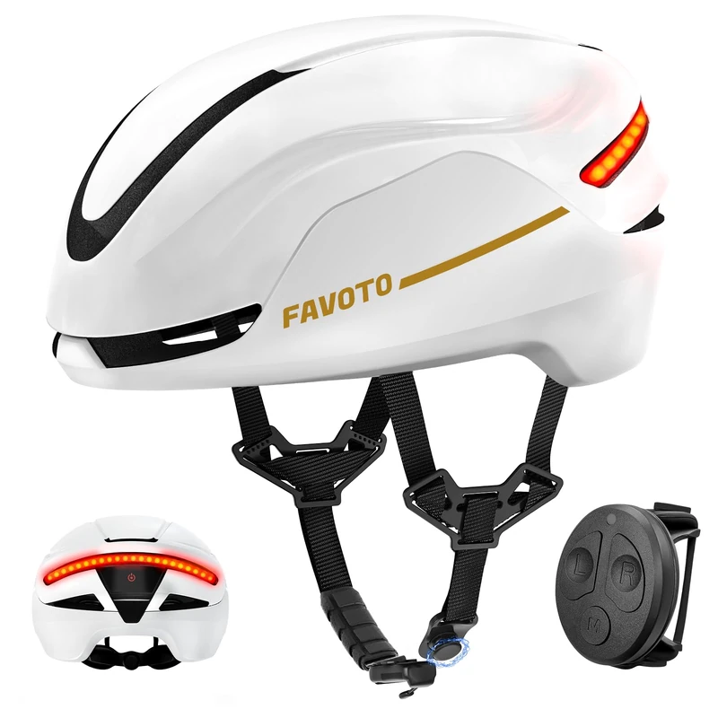 Favoto Electric Bike Helmet Black and White with LED Lights and Turn Signals, CE Certified Adult Cycling Helmet with Remote Control, Lightweight and Adjustable Commuter Helmet 59–61cm