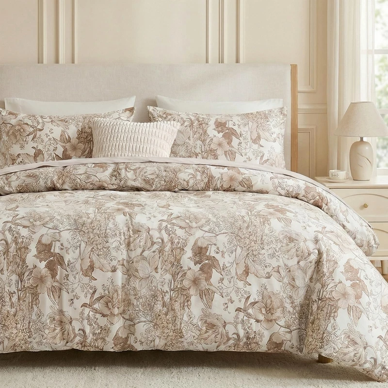 Cozaline Khaki Floral Duvet Cover King Size 100% Cotton Vintage Botanical Duvet Cover Set 3 Pcs Soft Flower Bedding Set Breathable and Lightweight