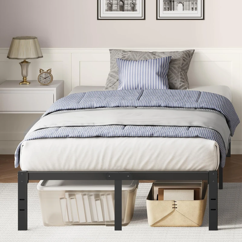 VASAGLE Double Metal Bed Frame, 135 x 190 cm, Under-Bed Space, Modern Style, for Guest Room, Easy Assembly, Ink Black RMB136B01