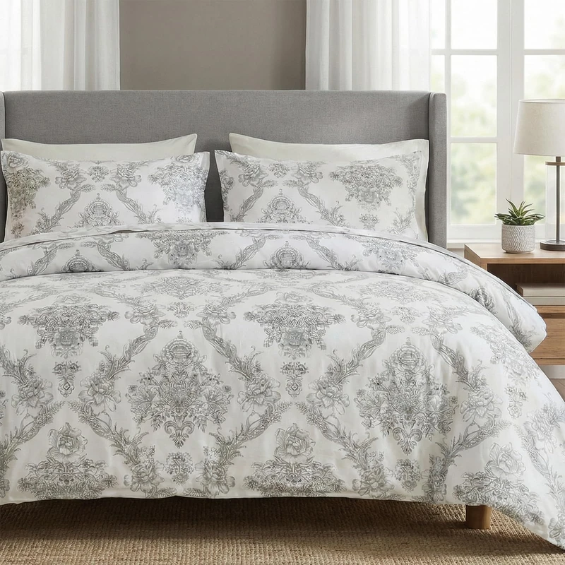 Cozaline 100% Cotton Duvet Cover Set King Size – Elegant Damask Print, Soft & Breathable Bedding with Zipper and Corner Ties, 3-Piece Reversible Comforter Cover Set