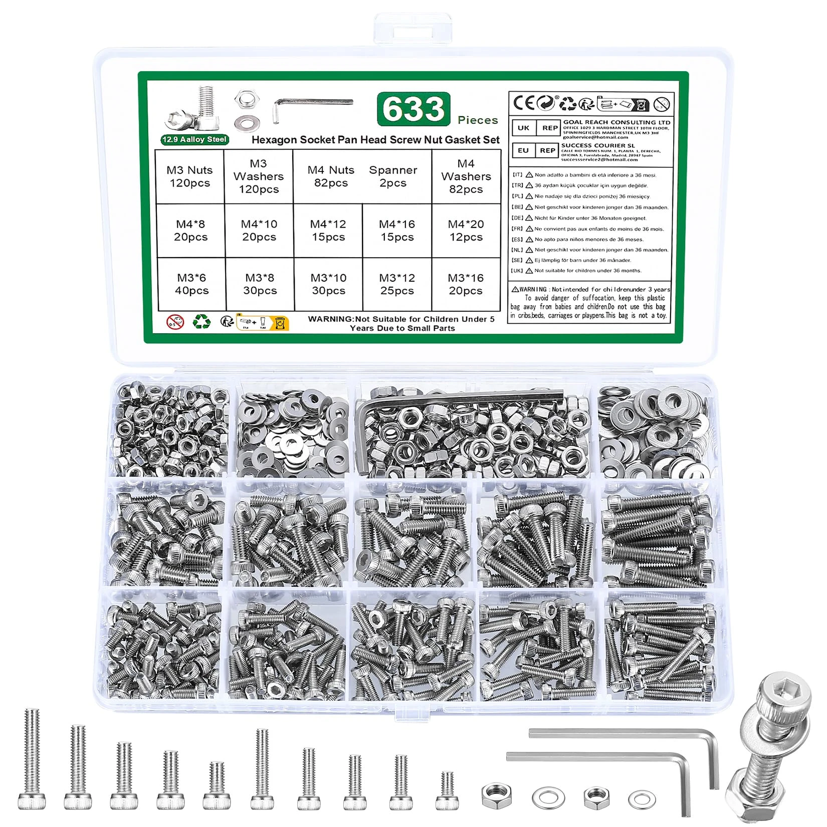 633 Pcs M3 M4 Nuts and Bolts Set, Hex Socket Head Cap Screws Bolt and Nut, Assorted bolts and nuts and Washers Assortment, DIN912 Machine screws set, Hex Socket Cap Head Screws Bolts Set