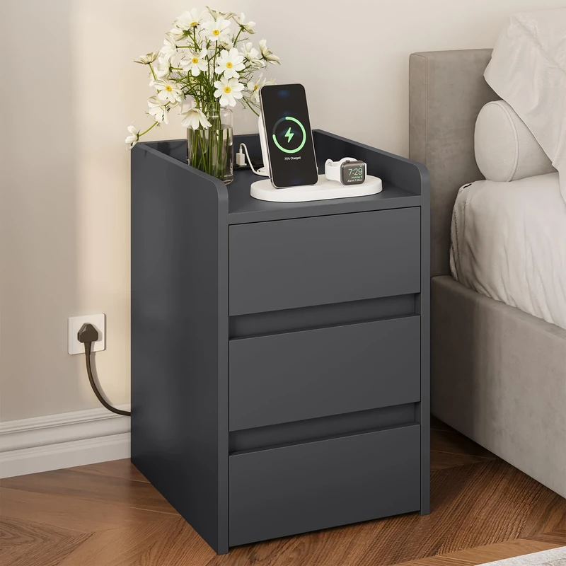 YITAHOME Bedside Table with 3 Drawers and Power Station, Modern Nightstand End Table, Water-Resistant Storage Side Table for Living Room and Bedroom, 35 x 40 x 59cm (Grey)