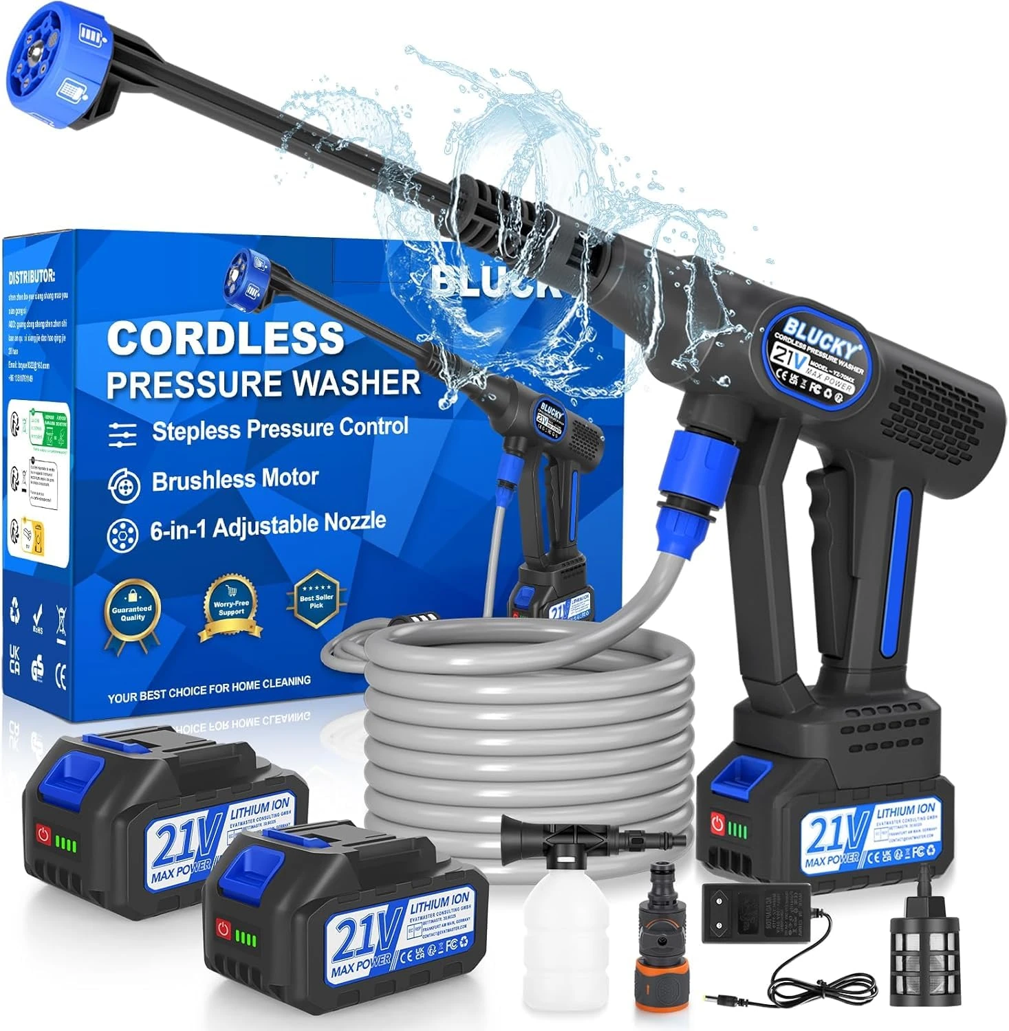 Cordless Pressure Washer, 6 in 1 Portable Power Washer, cordless power washer with 2 Battery, Battery Pressure Washer with 5M for Car/Floor/Garden Cleaning & Watering (Blue)
