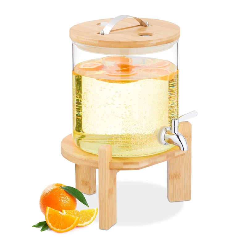 Relaxdays Drinks Dispenser, 5 Litres, Cold & Hot Beverages, Bamboo Stand, Thermometer, Punch Jar, Transparent/Natural