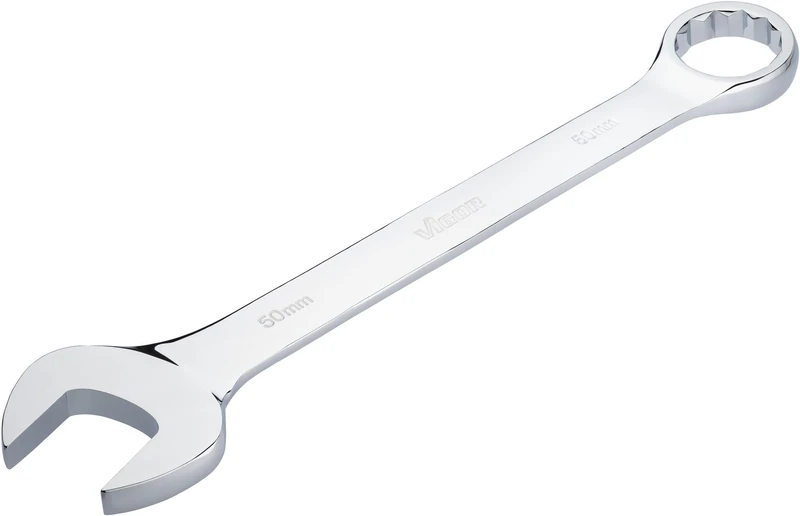 Vigor Combination Spanner V7740-50 SW 50 mm Long Version 15 Degree Offset External Hex and Double Hexagonal Profile Chrome-Plated and Polished