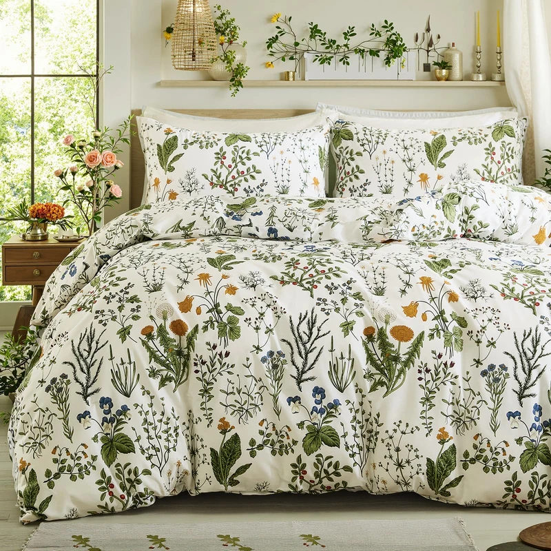 Cozaline Duvet Cover Queen Size - 100% Cotton Reversible Floral Queen Duvet Cover Set with Zipper Closure, 3 Pieces Soft & Breathable Green Bedding Set for All Seasons