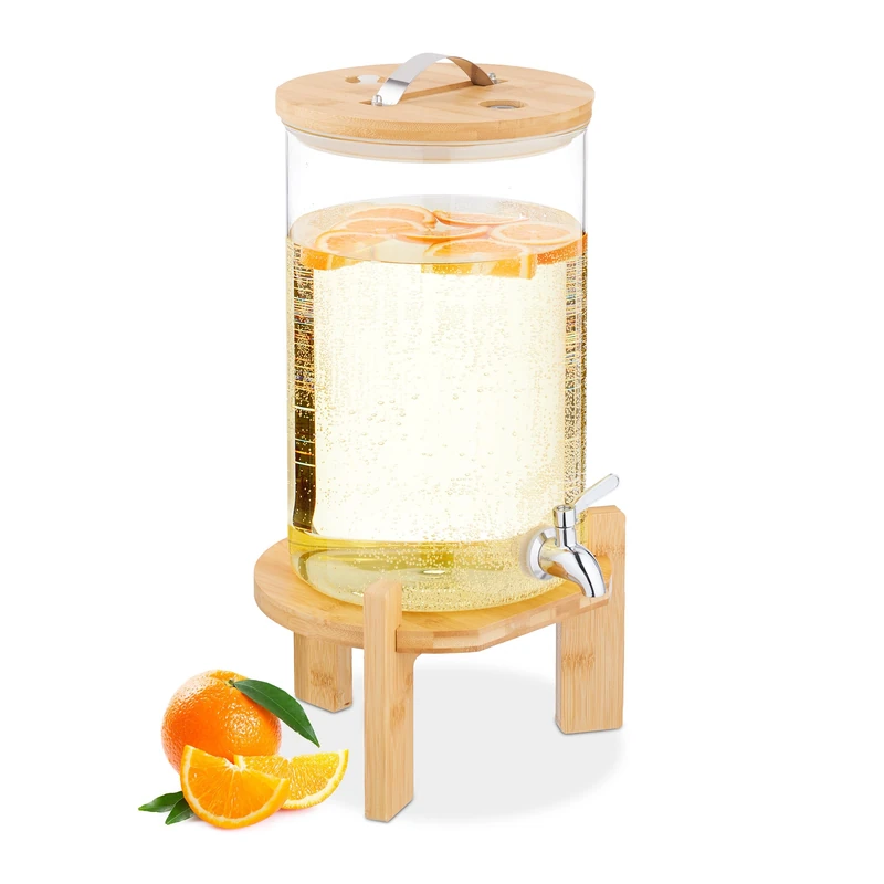 Relaxdays Drinks Dispenser, 8 litres, Cold & Hot Beverages, Bamboo Stand, Thermometer, Punch Jar, Transparent/Natural