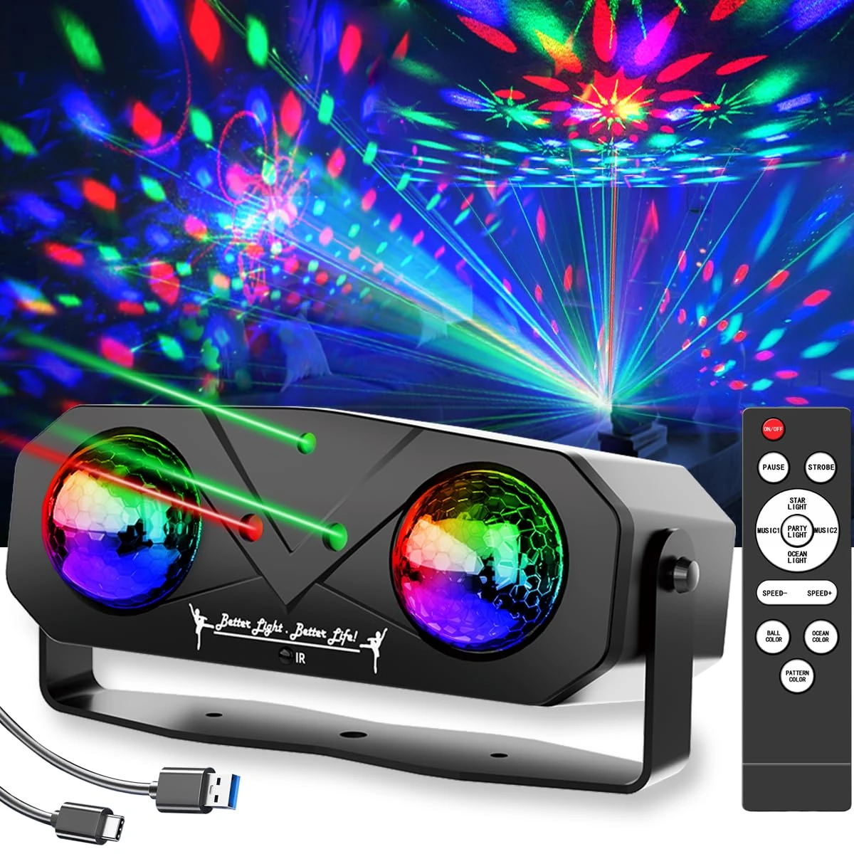 Disco Lights,Party Lights Sound Activated with Roating Disco Ball,Star Projection,Ocean Light,3 Lens Light Pattern Show for Party DJ KTV Club Christmas Festival Gifts