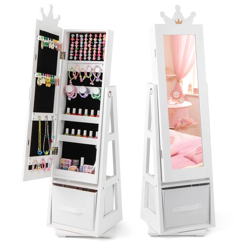 FANTASK Children's Jewellery Cabinet 3-in-1 Mirror Cabinet 360° Rotatable with Full-Length Mirror and Storage Basket White