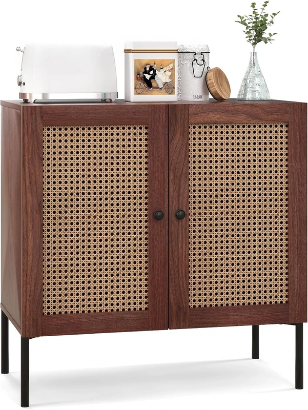 FANTASK Industrial Walnut Sideboard, 80 x 40 cm, 2 Rattan Doors, 2 Adjustable Shelves, Kitchen, Dining Room, Entryway
