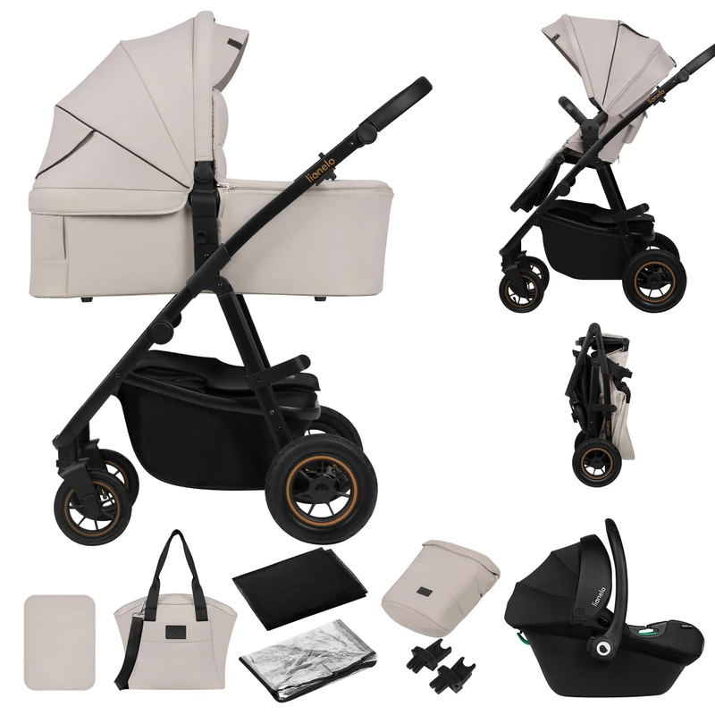 Lionelo Amber Plus 3-in-1 Travel System – Carrycot, Pushchair & i-Size Infant Car Seat Kit | All-Weather Waterproof Fabrics, XXL Ventilated Carrycot, Off-Road Air Wheels & Full Accessory Bundle