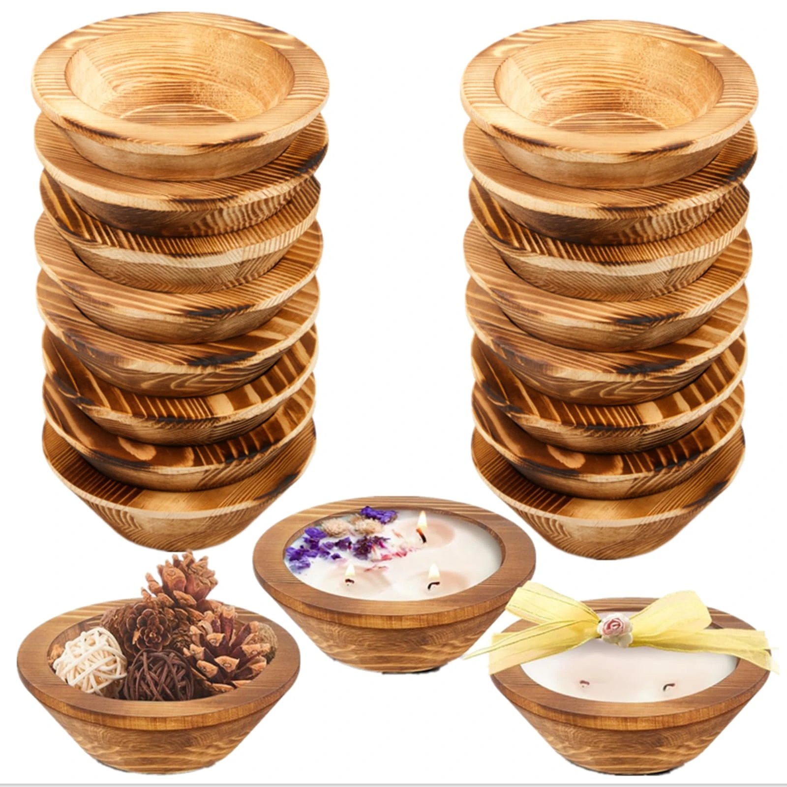 Tiangrid 16 Pcs Wooden Dough Bowls Rustic Bowl Vintage Round Hand Carved Wood Bowl Paulownia Bowls for Home Farmhouse Dining Holding Candles Making Bread Dough Fruits Supplies Decoration (Brown)