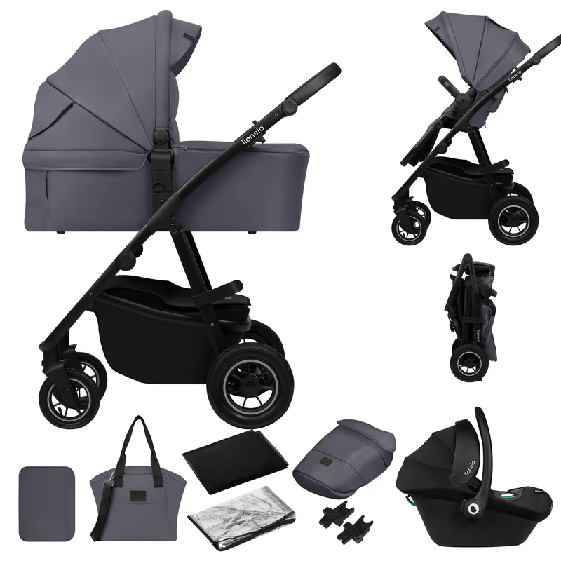 Lionelo Amber Plus 3-in-1 Travel System – Carrycot, Pushchair & i-Size Infant Car Seat Kit | All-Weather Waterproof Fabrics, XXL Ventilated Carrycot, Off-Road Air Wheels & Full Accessory Bundle