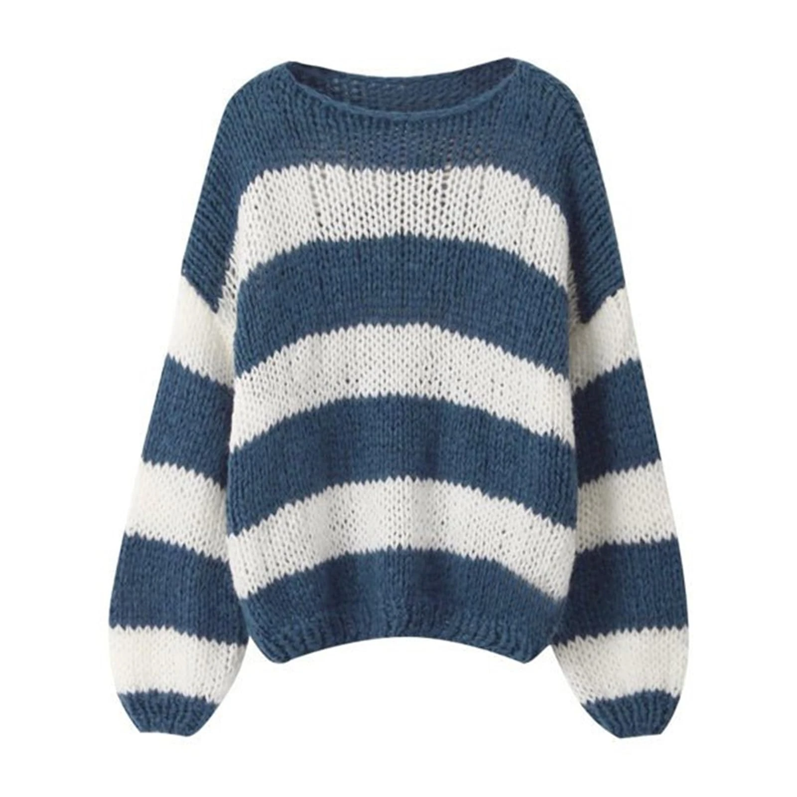 FeMereina Women's Knit Striped Sweater Oversized Color Clock Long Sleeve Crewneck Pullover Jumpers Cute Trendy Sweater (Blue, S)