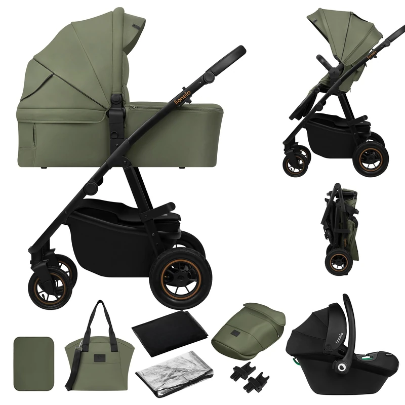 Lionelo Amber Plus 3-in-1 Travel System – Carrycot, Pushchair & i-Size Infant Car Seat Kit | All-Weather Waterproof Fabrics, XXL Ventilated Carrycot, Off-Road Air Wheels & Full Accessory Bundle