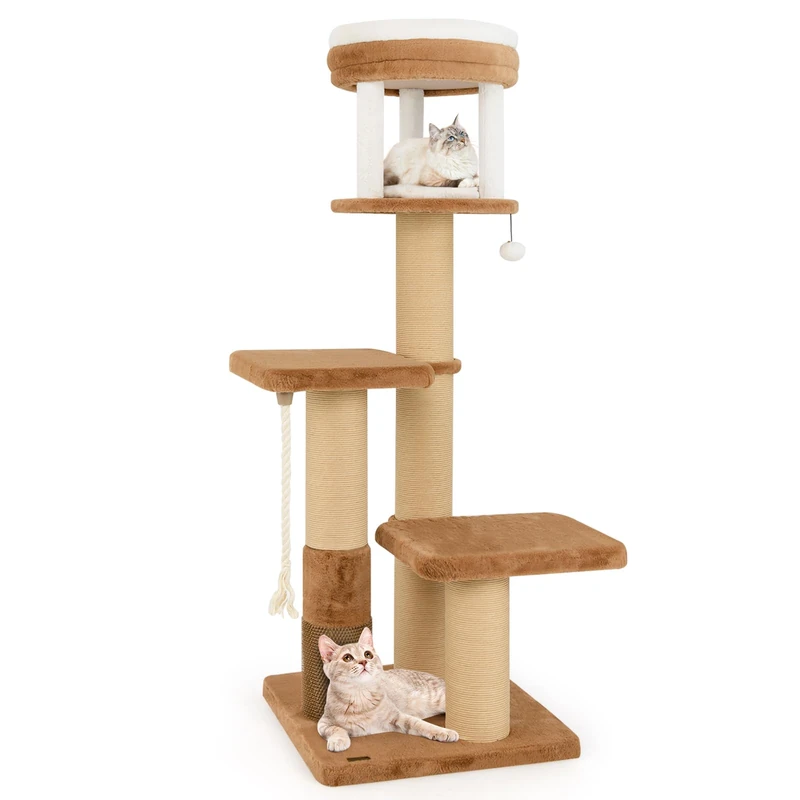GYMAX Cat Tree, 166cm Tall Cat Tower with Scratching Posts, Self-groomer Brush, Padded Perch, Removable Cushion, Dangling Ball, Sisal Rope, Multi-level Cat Tree for Indoor Cats