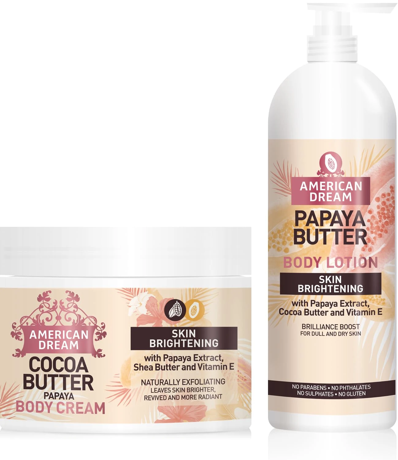 American Dream Cocoa Butter Papaya Body Cream & Papaya Butter Body Lotion for Skin Brightening Duo Set. 2 Full sized products