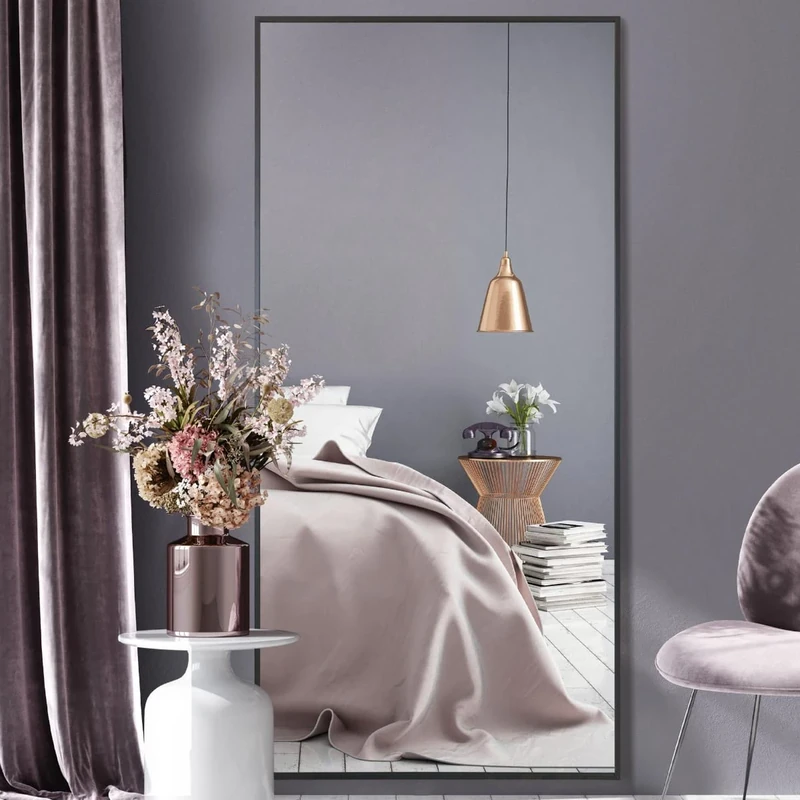 Full-Length Black Aluminium Metal Leaner Wall Mirror: 174 x 85cm – Large, Durable Frame, bedroom, hallway, bathroom or dressing room Wall Mirror