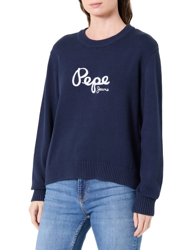 Pepe Jeans Women's W Intarsia Sweater Knitwear, Blue(Navy), L