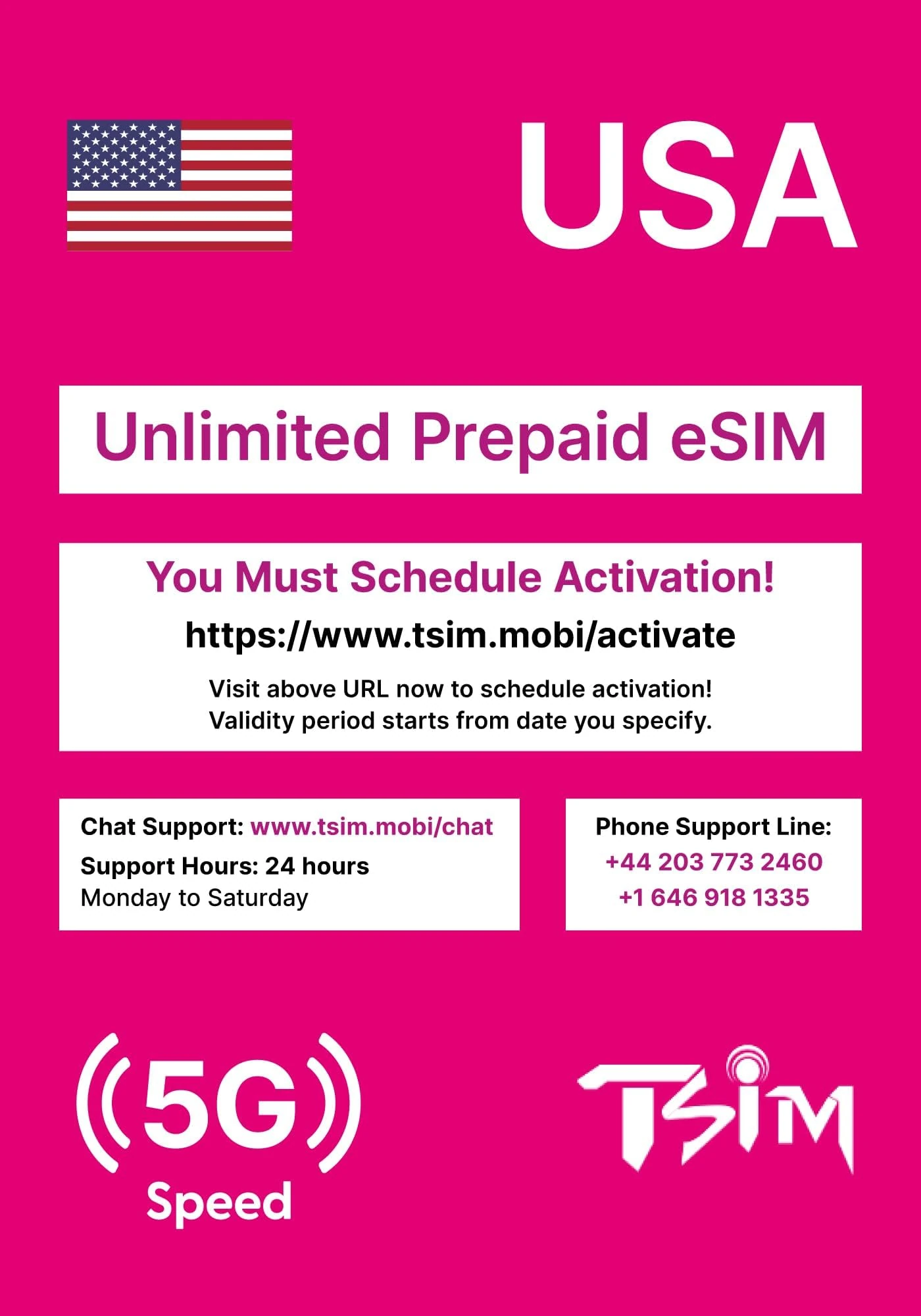 USA eSIM 5 Days. T-Mobile Network with Unlimited High Speed Data, Local Calls and Texts in USA (Hawaii Included). Get eSIM Same Day via Email and Start Using! No Need to Wait for Package!