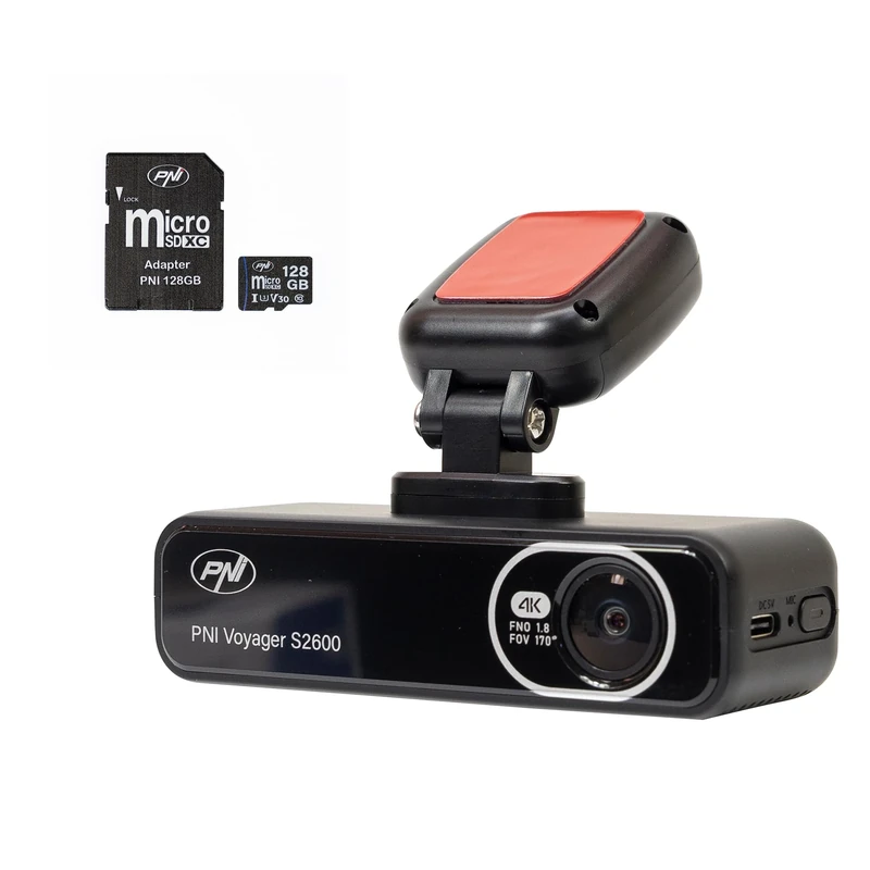 PNI Voyager S2600 DVR Car Camera Package, WiFi, 4K Ultra HD, GPS and 128GB microSD memory card included