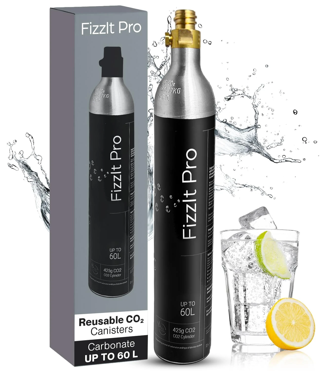 FizzIt Pro 425g CO2 Cylinders, Carbonates Up to 60L, Refillable Soda Makers, Fits Most Screw-Type Compatible Models, Efficient Carbonation for Water & Beverages, Compact & Cost-Effective (Pack of 1)