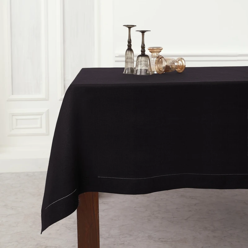 Solino Home Black Tablecloth 60 x 132 Inch - Classic Hemstitch, 100% Pure Linen Rectangular Tablecloth - Machine Washable Table Cloth for Summer