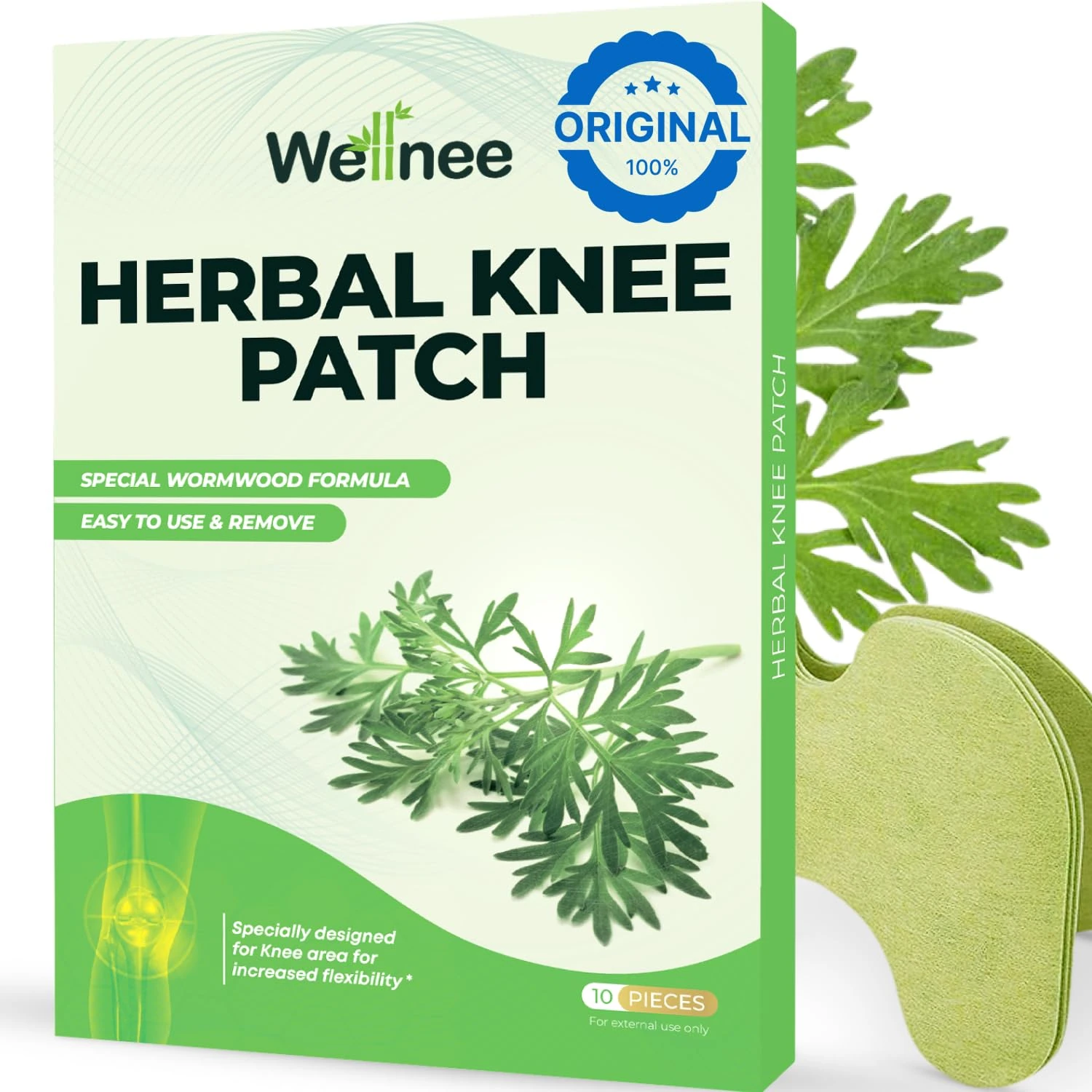 Wellnee Original Herbal Knee Patch - Wellknee Plaster for Knee Support & Muscle Pain - Maximum Strength for a Temporary Relief - Adhesive Heat Patches Made with Natural Herbs for Wellness (10 Pads)