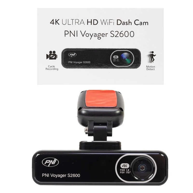 Pack of 2 PNI Voyager S2600 WiFi Car DVR Camera, 4K Ultra HD, GPS, without display, Parking Monitoring function, G-sensor, video and audio recording, 12V/24V power supply