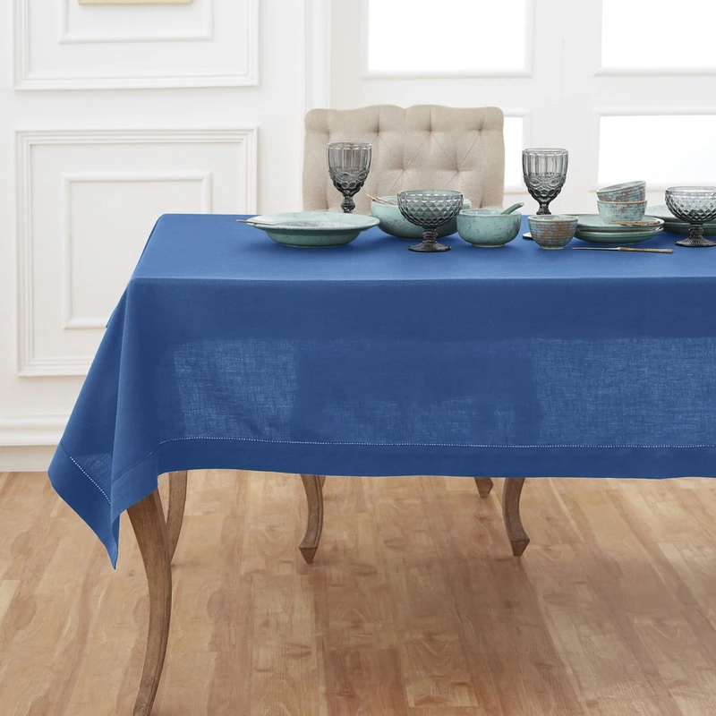 Solino Home Linen Indigo Blue Tablecloth 60 x 144 Inch - Classic Hemstitch, 100% Pure Linen Rectangular Tablecloth - Machine Washable Table Cloth for 4th of July