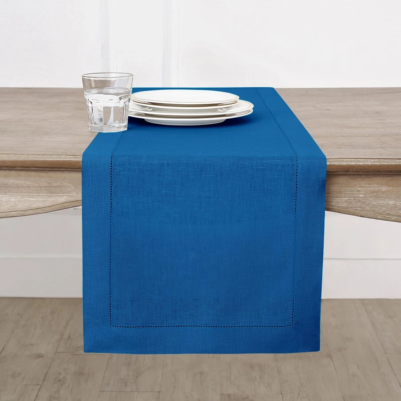 Solino Home Linen Indigo Blue Table Runner 144 Inches Long - 100% Pure Linen Extra Long Table Runner 14 x 144 Inch for Summer, 4th of July - Classic Hemstitch
