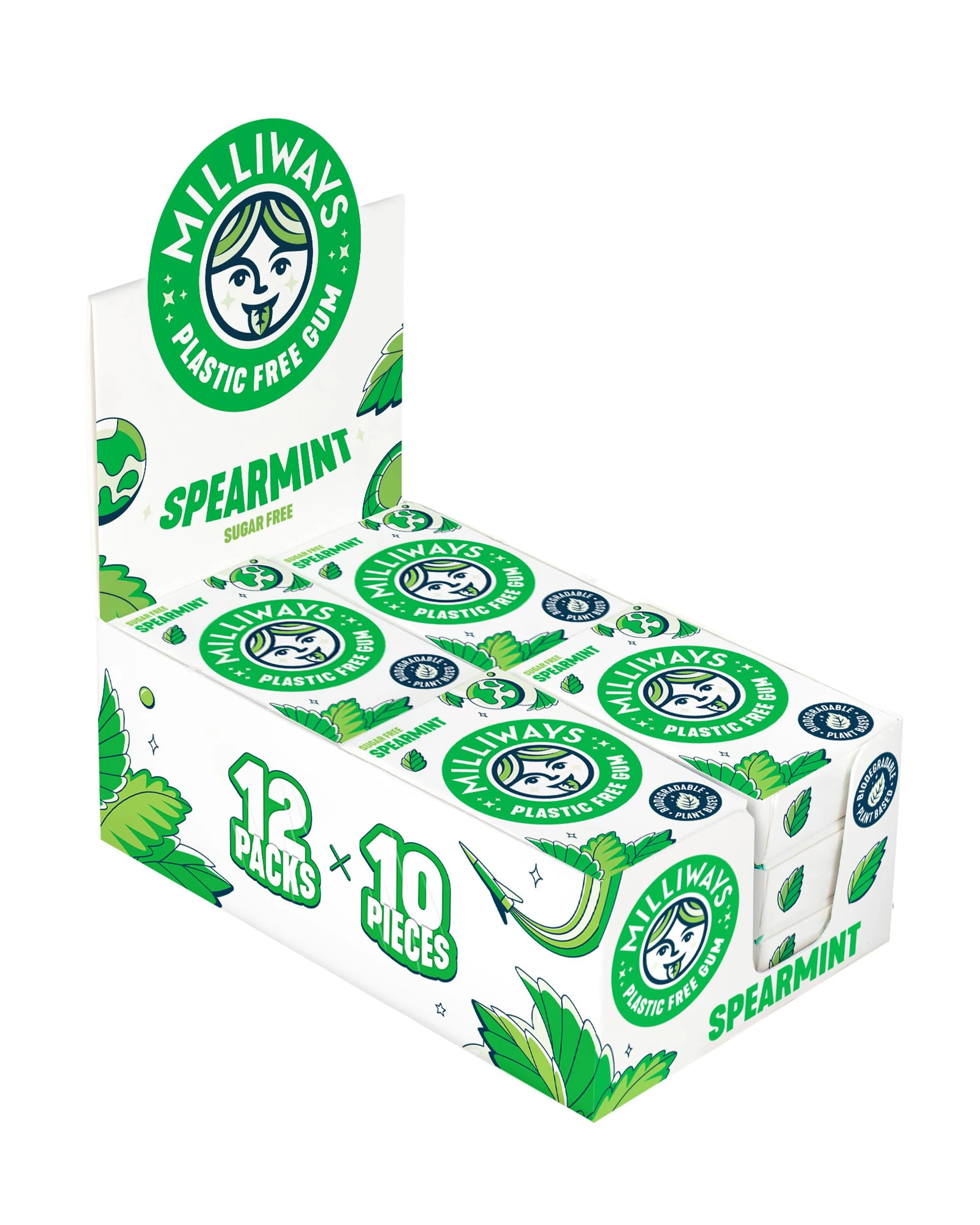 Milliways Spearmint Chewing Gum, Plastic Free, Sugar Free, Aspartame Free, Natural | 12 Packs of 10 Pieces (120 Pieces Total) | Xylitol, Plant-Based, Biodegradable