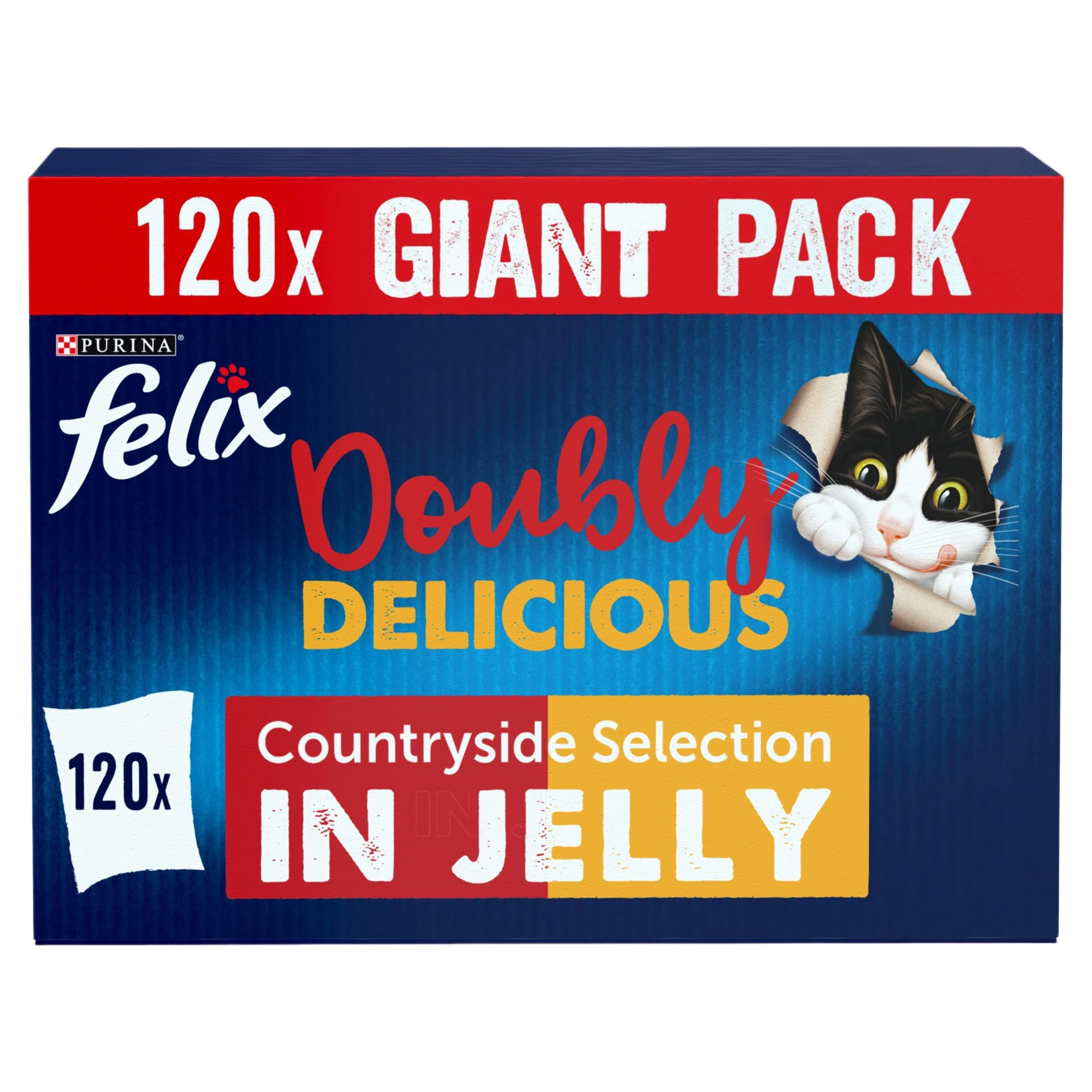 FELIX Doubly Delicious Adult Wet Cat Food Countryside Selection in Jelly Beef, Poultry, Chicken, Kidney, Lamb, Turkey, Liver 120 x 85g Pouches