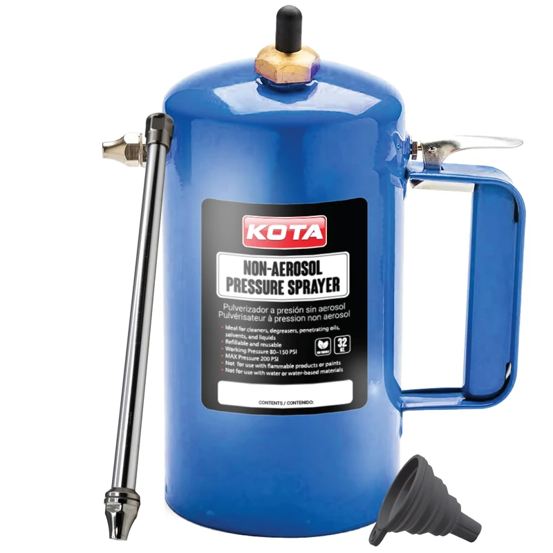 LAUCO Non Aerosol Pressure Sprayer - Refillable Pressurized Sprayer Bottle for Oil, Solvent, Degreasers, Lubricants - Rechargeable Steel Canister with Brass Nozzles, 32oz. (1, Blue)