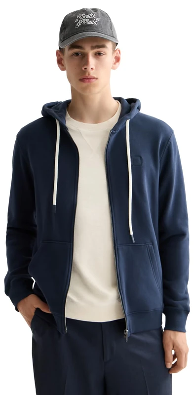 Scotch & Soda Mens Essential Badge Logo Zip Through Hooded Sweatshirt, Sky Captain, S UK