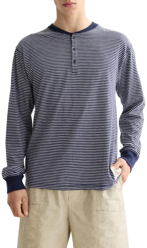 Scotch & Soda Men's Relaxed Fit Henley Shirt, Navy/White Stripe 410, M