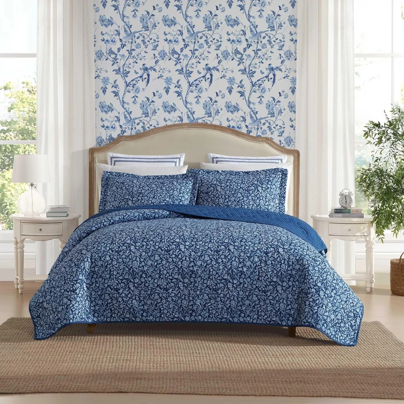 Laura Ashley - Quilt Set, Super Soft Fabric Bedding with Matching Sham, Toile-Inspired Print, Floral Home Essentials (Elaina Blue, Twin)