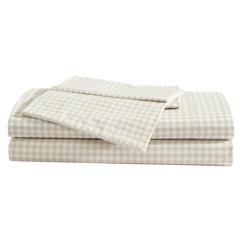 Eddie Bauer - Sheet Set, Cotton Percale Bedding with Matching Pillowcase, Crisp & Breathable, 200-Thread Count, Classic Comfort Essentials (Little Gingham Beige, King)