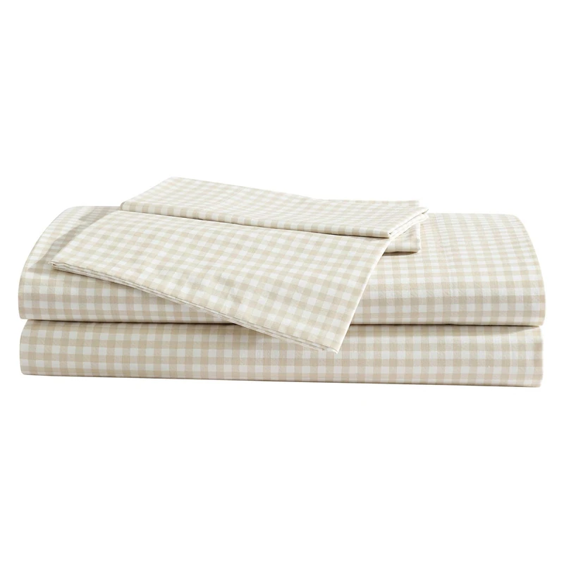Eddie Bauer - Sheet Set, Cotton Percale Bedding with Matching Pillowcase, Crisp & Breathable, 200-Thread Count, Classic Comfort Essentials (Little Gingham Beige, Queen)