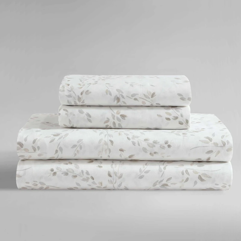 Calvin Klein - King Bed Sheets, Silky Smooth Sateen Cotton Bedding Set with Deep Pockets, Oeko-TEX Certified (Airy Botanical Beige, King) - Image 1