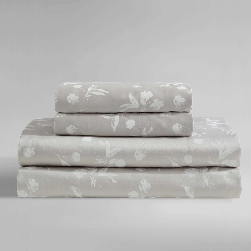 Calvin Klein - Queen Bed Sheets, Silky Smooth Sateen Cotton Bedding Set with Deep Pockets, Oeko-TEX Certified (White Flowers Beige, Queen) - Image 1