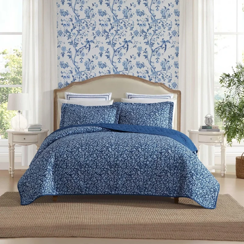 Laura Ashley Super Soft Fabric Bedding with Matching Sham, Toile-Inspired Print, Floral Home Essentials, Cotton, Blue, King