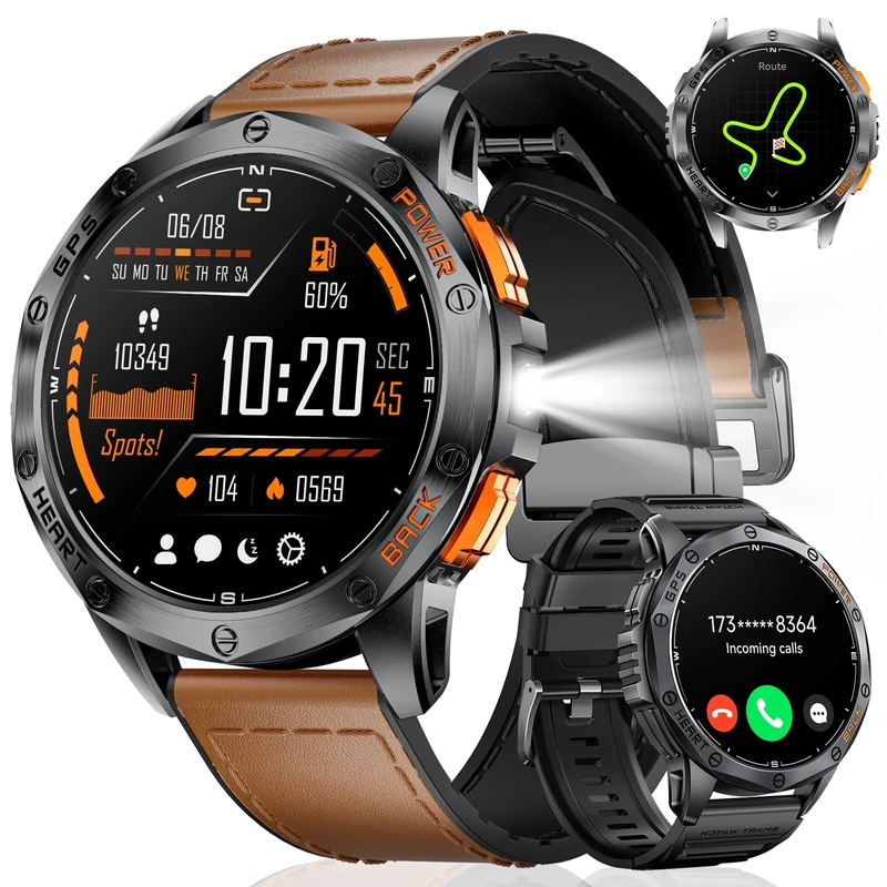 GPS Smart Watch for Men with Call-1.43'' AMOLED Display,Fitness Watch with 70+ Sport Modes/Health Monitor,Outdoor Smartwatch with LED Flashlight/Altimeter/Compass,IP68 Waterproof for iOS Android