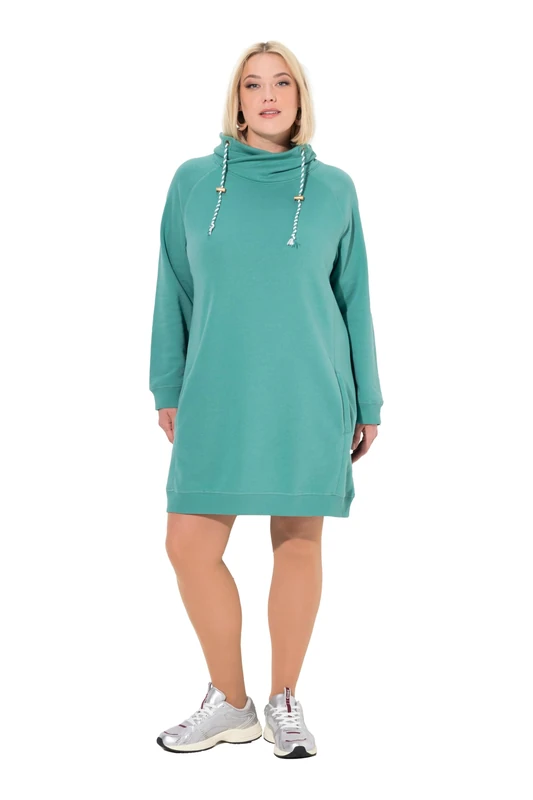 Ulla Popken 825247 Women's Plus Size Sweat Dress, Stand-Up Collar, Long Sleeves, Pockets, Green, 16-18