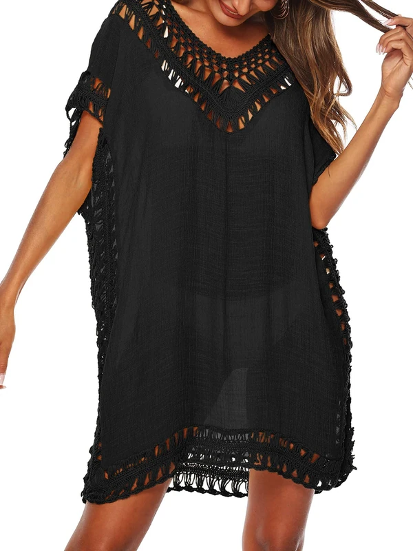 Women Crochet Swimsuit Cover Ups Solid Color Cutout Beachwear Short Sleeve V-Neck Bikini Cover Up Dress (A-Black, One Size)
